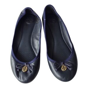 Tory Burch Chelsea Ballet Flats 8M Blue Women Bow Medallion Logo